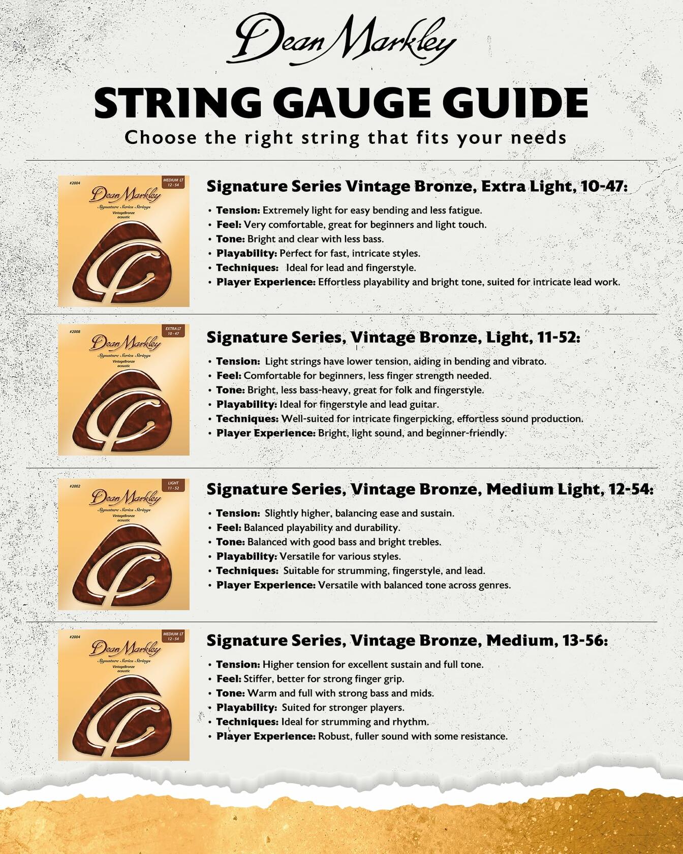 Dean Markley Signature Vintage Bronze Acoustic Guitar Strings 6 String Set, 10-47 Acoustic Guitar Strings Extra Light, Precision Wound Guitar Strings Acoustic with Superior Tone Quality, Made in USA