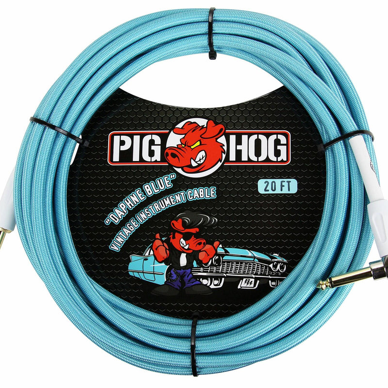 Pig Hog PCH20DBR Right-Angle 1/4" to 1/4" Daphne Blue Guitar Instrument Cable, 20 Feet