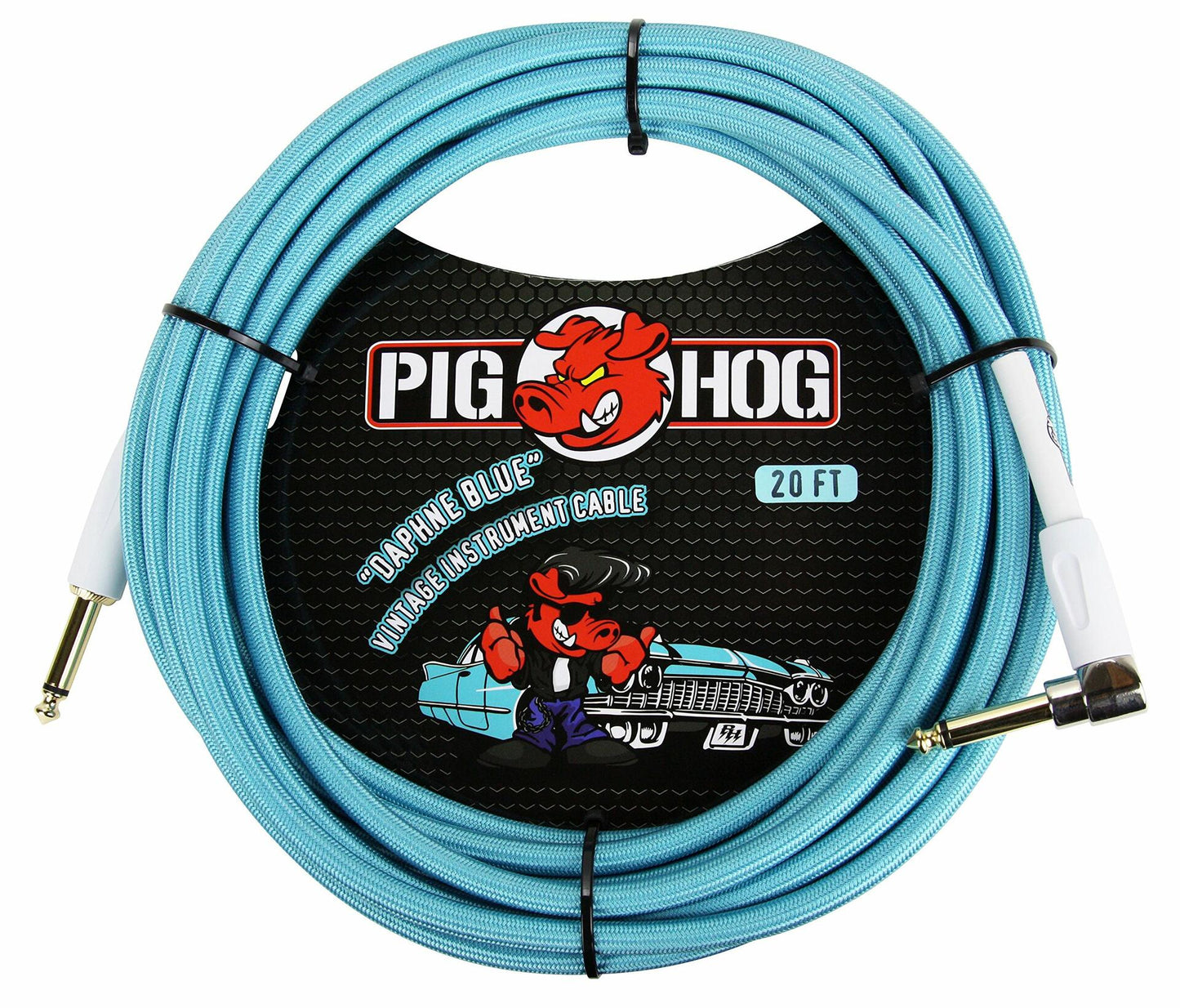 Pig Hog PCH20DBR Right-Angle 1/4" to 1/4" Daphne Blue Guitar Instrument Cable, 20 Feet